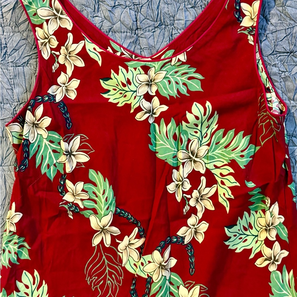Vtg 90’s Young Hawaii Aloha Dress Rayon Red Plumeria Floral Luau Muumuu S Resort